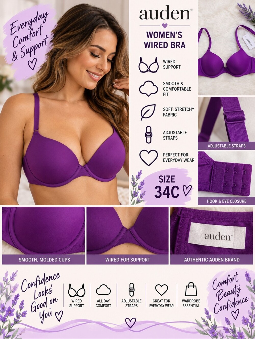 New auden Women's 34C purple wired bra #35